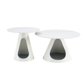 Set Of 2 Coffee Round Tables With A Marble-look Top And Steel Base With 2 Cat Beds Multifunctional And Stylish Entable