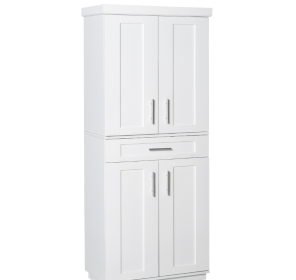 Modern Kitchen Pantry Cabinet Storage With With 4 Doors, Drawer And 3 Adjustable Shelves For Dining Room, White