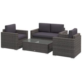 Outsunny 4 Pieces Rattan Sofa Set Wicker Patio Sofa Set with Loveseat Chairs Glass Top Coffee Table for Garden Outdoor Gray