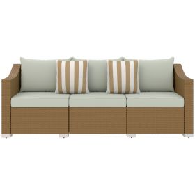Outsunny Rattan Wicker 3 Seater Patio Couch with Cushions, 2 Throw Pillows, Outdoor Furniture Rattan Sofa, Light Gray