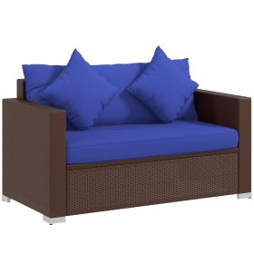 Outsunny Wicker Loveseat Patio Furniture with Cushions Dark Blue PE Rattan 2-Seater Sofa and Throw Pillows