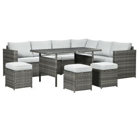 Outsunny 7 PCs Patio Wicker Furniture Set, Outdoor Sectional Furniture Conversation Sofa Set with Wood Grain Plastic Top Table, Mixed Gray