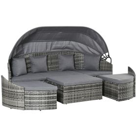 Outsunny Backyard Rattan Woven 4pc Canopied Daybed Sofa Lounger Set Cushions Pillows Light Grey