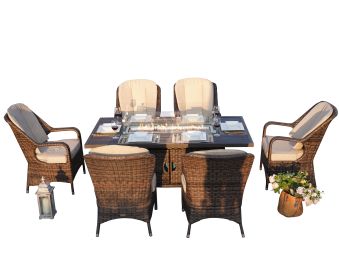 Direct Wicker Patio Fire Pit Dining Set 6-Seat Rectangular Aluminum Table with Rattan Chairs
