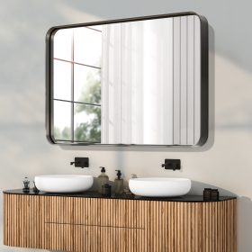 50"*32"Aluminum Alloy Rounded Corners Rectangular Lacquered Black Hanging Mirror Decorative Bathroom Mirror with Elegant Scalloped Design(Deep Mirror)