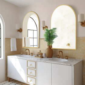 31"*24"Aluminum alloy fine-edged right-angled arched gold wall mirror Decorative Bathroom Mirror with Elegant Scalloped Design (Set of 2)