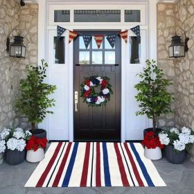 "American Flag Doormat - Red White Blue Striped Non-Woven Rug for Front Door, Summer Holiday Decor"