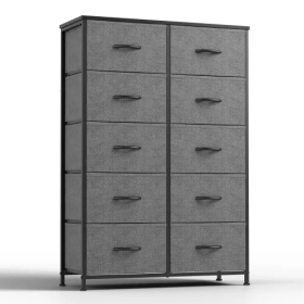 Bedside Table For Bedroom With 10 Fabric Drawers Storage Cabinet Steel Frame Closet For Clothes Storage Display Cabinet (Color: Grey)
