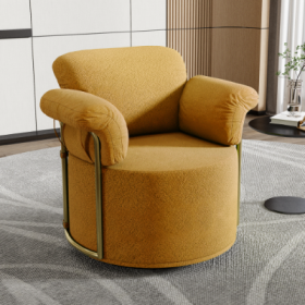 360 Degree Barrel Swivel Accent Sofa Chair,Fluffy Fabric Lounge Wide Upholstered Reading Chair With Gold Metal Legs, Comfortable Round Armchair F (Color: Orange)