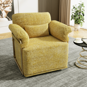 360 Degree Square Swivel Accent Sofa Chair,Fluffy Fabric Lounge Wide Upholstered Reading Chair With Gold Metal Legs, Comfortable Armchair For Liv (Color: Yellow)